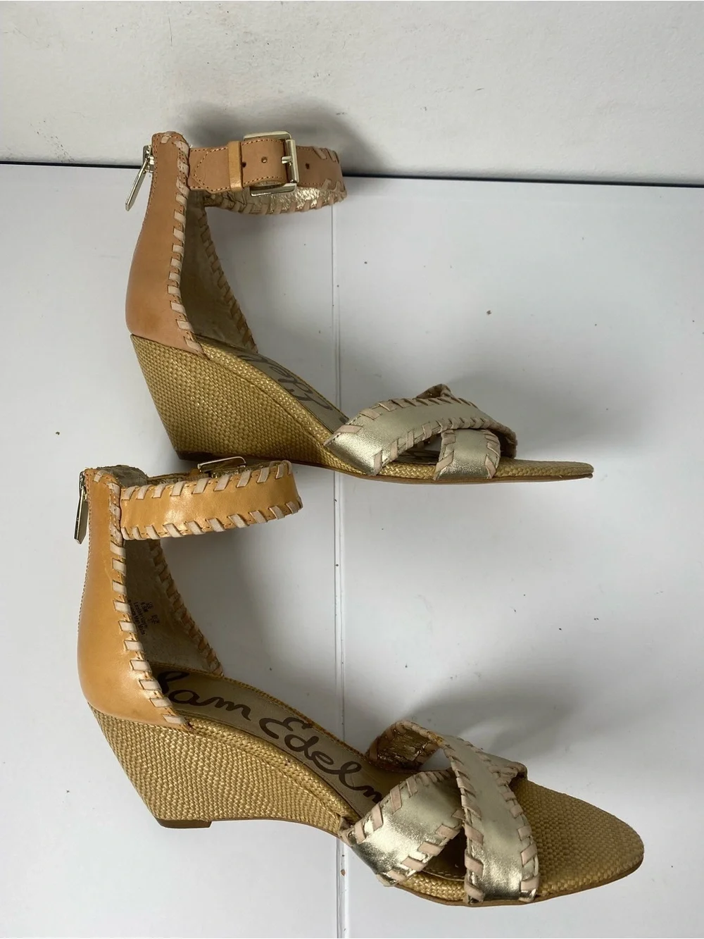 Sam Edelman Gold and Tan Wedge Sandals with Ankle Strap Flawed
